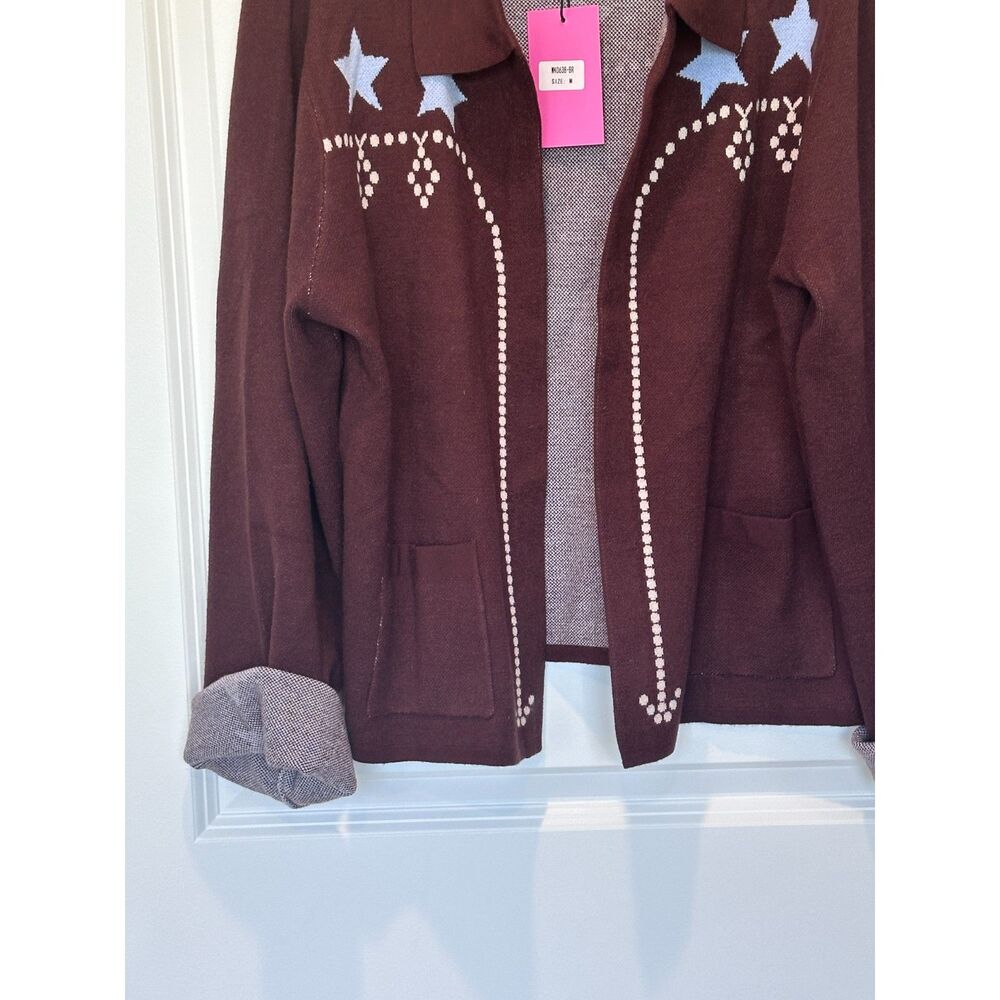 NWT THML Open Front Cardigan Sweater Brown Blue Stars Size Medium - Picture 6 of 7